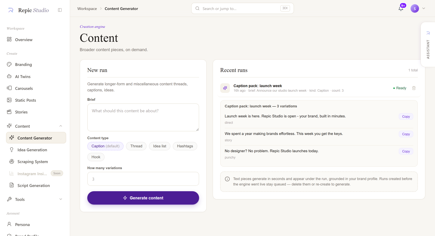 The Content engine in Repic Studio with a ready caption pack, demo brand data
