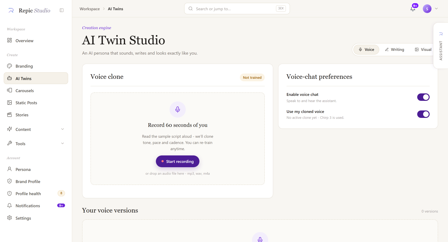 AI Twin Studio in Repic, voice tab, demo brand data